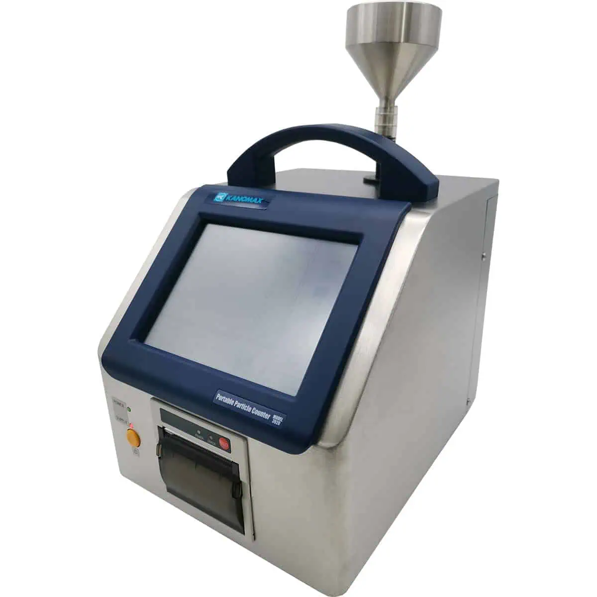 Kanomax USA particle counter with digital touchscreen and funnel attachment.